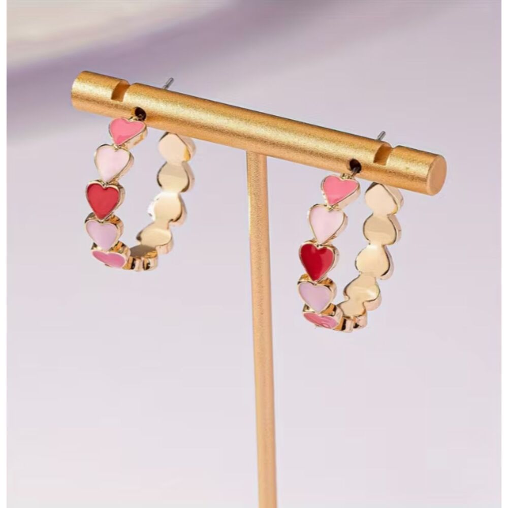 Pink & Red Heart Hoop Earrings <1"